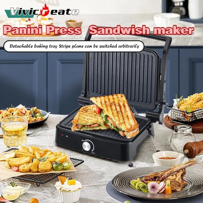 Vivicreate Panini Press Grill 1500W Sandwich Maker with Removable Nonstick Plates Adjustable Temperature 180 Degree Opening Indoor Electric Grill for Panini Sandwich Steak Burgers Breakfast (1 Knob)