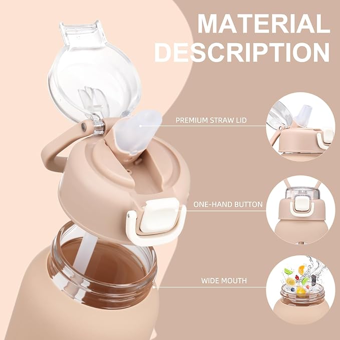 chunmo 24 oz Glass Water Bottles with 2 Lids-Handle Spout Lid & Straw Lid, Motivational Water Bottle with Time Marker and Silicone Sleeve,Leakproof-Amber-1 Pack