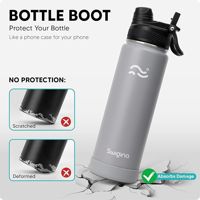 Swigina [2-IN-1 LID] Insulated Water Bottle with Silicone Boot (36hrs Cold/18hrs Hot) - DIY Stickers, Leakproof, BPA Free, 24 oz