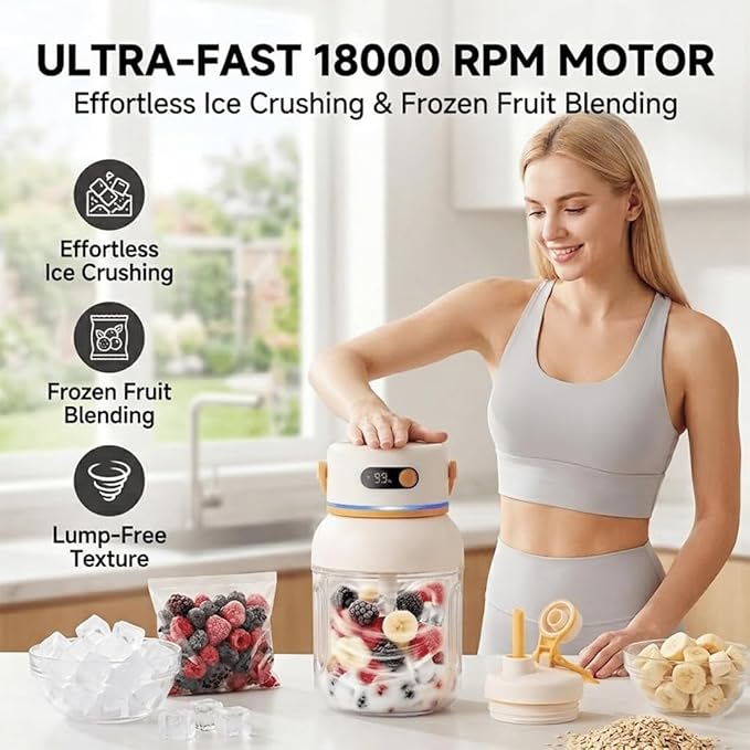 Portable Electric Juicer Cup with Zero Cord Hassle, 800-1200ML Personal Rechargeable Blender Portable for Shakes and Smoothies, with 36 Stainless Steel Blades, Straw and Two Lids (800ML/28.22OZ)