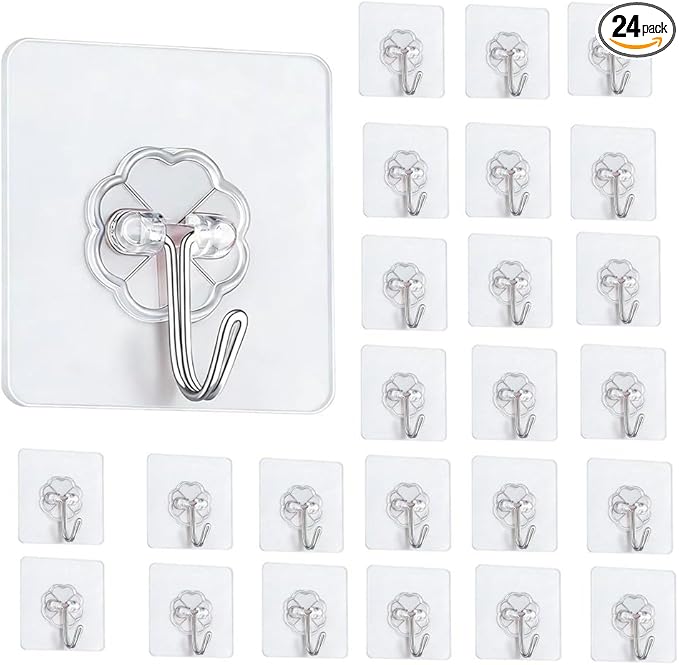 Adhesive Hooks - Heavy Duty Sticky Wall Hooks for Hanging, Removable Waterproof Hooks for Bathroom Kitchen, Damage-Free Transparent Hooks 24pcs