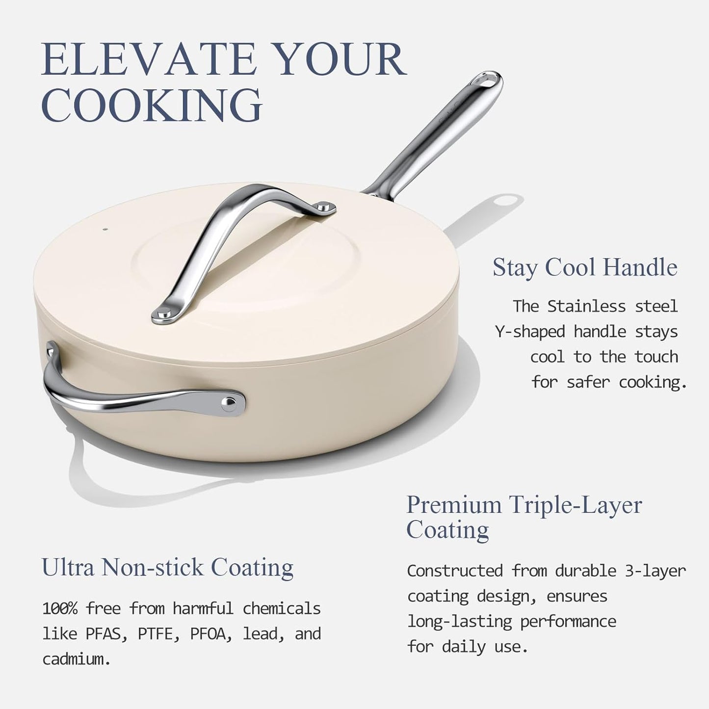 Nonstick Ceramic Sauté Pan with Lid (4.5 qt, 11"), Deep Frying Pan for All Cooktops - Non Toxic, PTFE/PFOA/PFAS Free, Dishwasher & Oven Safe up to 500°F - with Stay Cool Handle - Cream