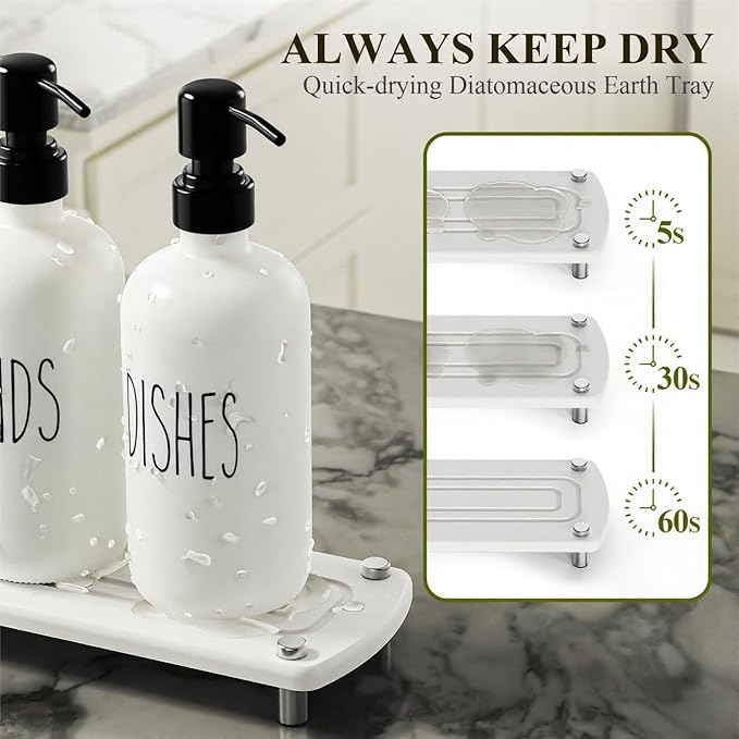 Cisily Kitchen Soap Dispenser Set Comes with Ceramics Sponge Holder, Gold Pumps, and Instant Dry Tray, Hand and Dish Soap Dispenser Set (4, Black + White + Sponge Holder)
