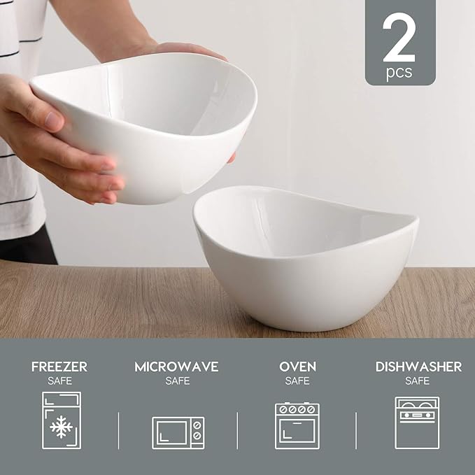 Porcelain Large Serving Bowl Set (9 inch),48 Oz Big Salad bowls, Large Serving Dishes for Entertaining, Party Dinner,Side Dishes, Oval Shape, Microwave & Dishwasher Safe,Set of 2, White