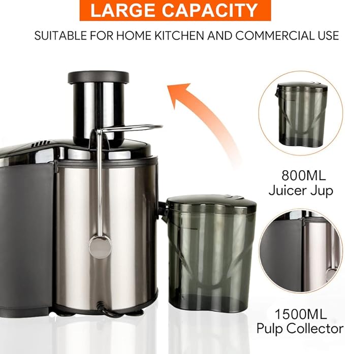 800W Electric Juicer Centrifugal Juicer Machine Fruit Vegetable Juicer 800ml Large Capacity Stainless Steel Blade Easy Clean Black for Home Kitchen