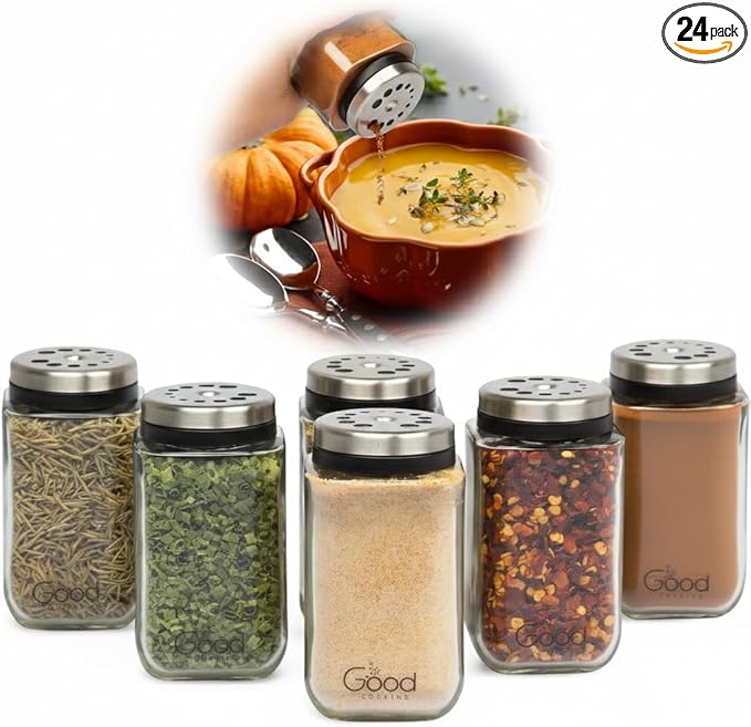 Adjustable Glass Spice Jars (Set of 24) with 6 Pouring Sizes- Stainless Steel Lid/Cap- Square Seasoning Bottle Containers for Minimalist Kitchen Pantry Storage Organization- Fill Shaker w Salt Pepper