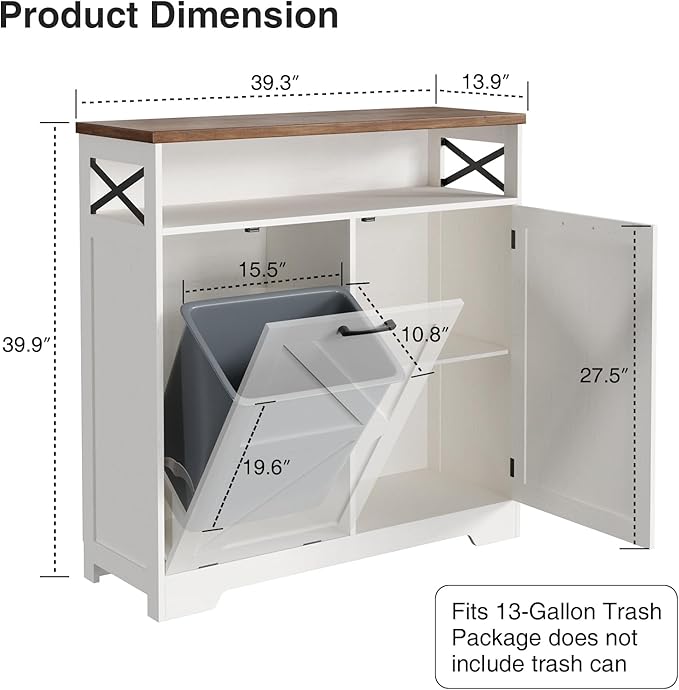 Befrases Tilt Out Trash Can Cabinet for 13 * 1 Gallon Trash Can, Farmhouse Kitchen Island Cabinet with Adjustable Shelf for Hidden Laundry Basket, Dog Proof Garbage Can for Dining Living Room, White