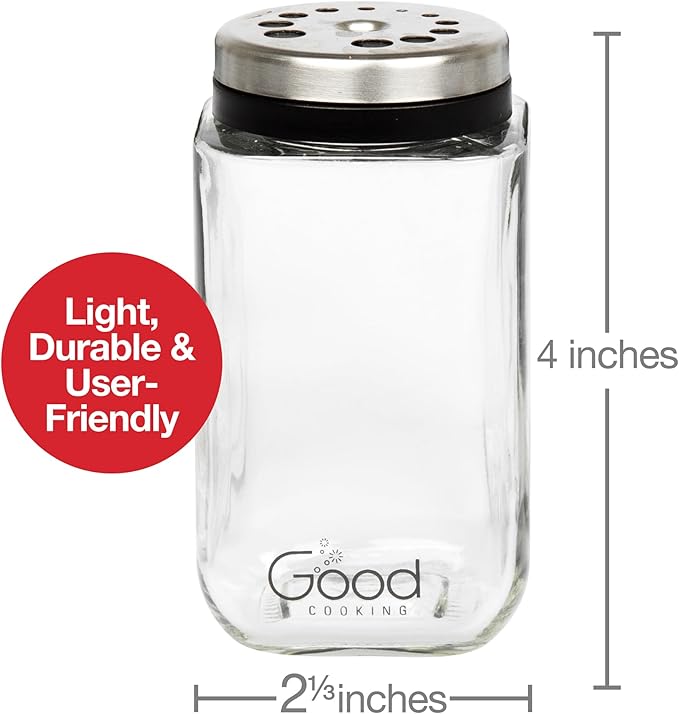 Adjustable Glass Spice Jars (Set of 24) with 6 Pouring Sizes- Stainless Steel Lid/Cap- Square Seasoning Bottle Containers for Minimalist Kitchen Pantry Storage Organization- Fill Shaker w Salt Pepper