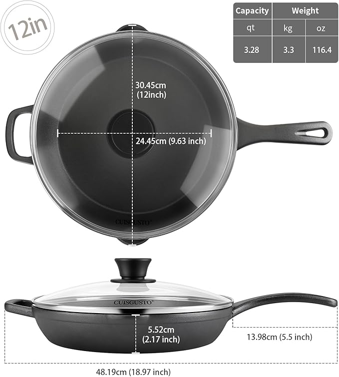 12-Inch Cast Iron Skillet with Tempered Glass Lid, Even Heating & Durable Nonstick, Includes Silicone Handle Cover & Pan Scraper, Ideal for Holiday Cooking & Gifting