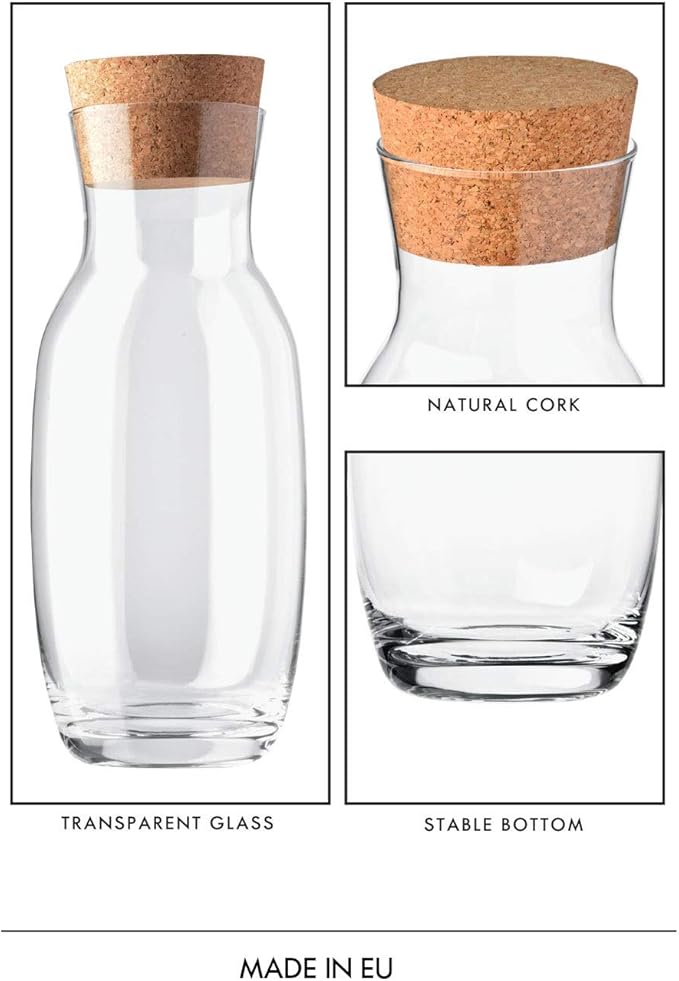 Krosno Water,Lemondade,Juice,Wine Carafe with Cork Stopper, 33.8 oz,Pure Collection, Fridge Safe, Made in Europe