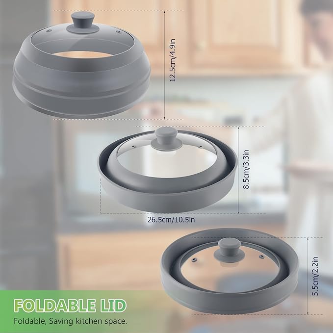Microwave Splatter Cover for Food,10.5 Inch Collapsible Silicone and Glass Cover Splatter Guard Lid, Microwave Cover with Steam Vent,Food Grade,Dishwasher Safe