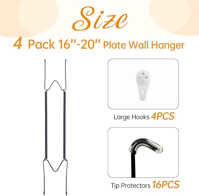 Bilillo 4 Pack Plate Hangers for The Wall, Suitable for 16''-20'' Decorative Plate,Invisible Heavy Duty Wire Plate Holder with Wall Hooks, Plate Hangers for Displaying Plates, Platter, Dish (Black)