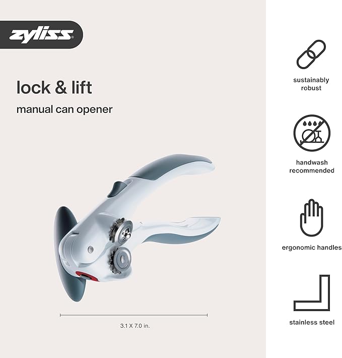 Zyliss Lock N' Lift Can Opener with Lid Lifter Magnet - Manual Opener with Locking Mechanism - Easy-to-Turn - Magnetic Can Opener - White/Gray