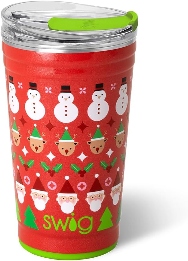 Swig Life 24oz Party Cup, Stackable Insulated Travel Coffee Tumbler with EZ Slider Lid, Cup Holder Friendly Travel, Stainless Steel 24 oz Tumbler, Reusable Coffee Mug (Christmas Crew)