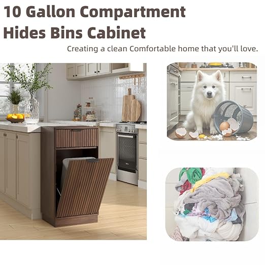 10 Gallon Tilt Out Trash Can Cabinet –Wooden Hidden Trash Can Cabinet,Pet Proof Garbage Recycling Cabinet with Storage for Kitchen Bathroom Living Room Walnut