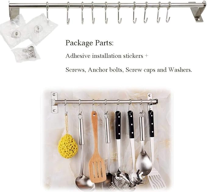 Kitchen Sliding Hooks, Stainless Steel Hanging Rack Rail Organize Kitchen Utensil Removable S Hook for Towel, Spoon, Coats, Bathrobe, BBQ,Wall Mounted Hanger (10 Hooks 23.6In)