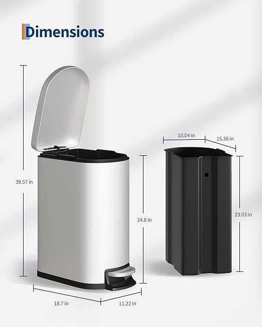 GarveeHome 13 Gal / 50 L Stainless Steel Kitchen Trash Can with Lid, Slim Step-On Garbage Bin, Large Rustproof Metal Trash Can with Soft Close, Inner Bucket & Rear Handle, White
