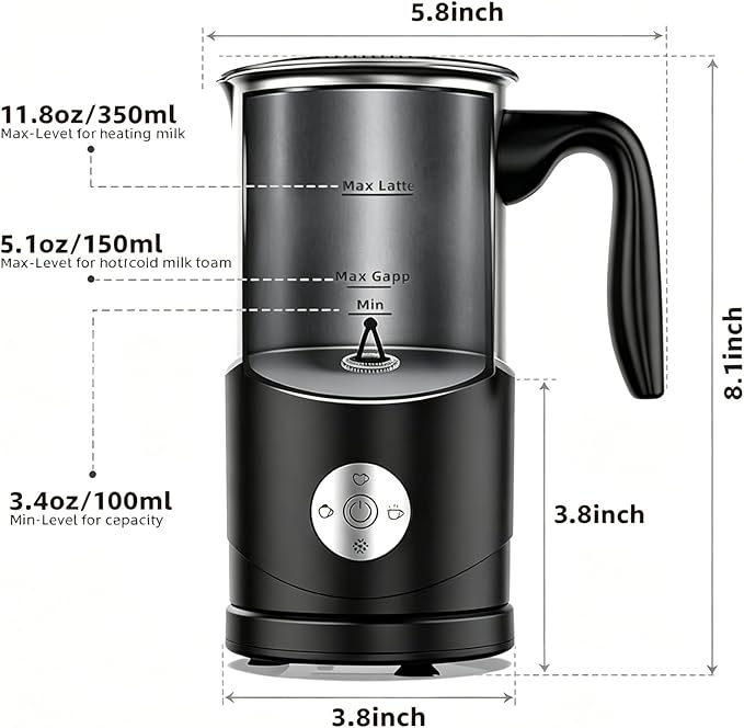 Electric Milk Frother, Stainless Steel Automatic Milk Steamer with 4 Functions, Ergonomic Handle, One-Button Operation for Hot Milk, Hot Chocolate, Hot and Cold Milk Foam