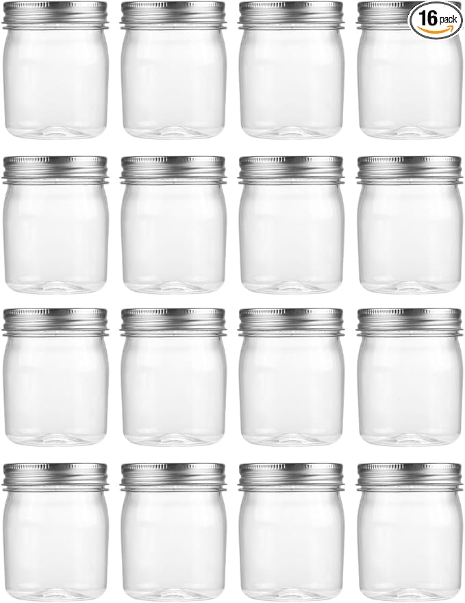 novelinks 8 oz Clear Plastic Jars with Airtight Lids, 16 Pack Plastic Mason Jars with Lids 8oz, Refillable Storage Slime Containers & Small Spice Jar for Kitchen Organization (16 Pack,Silver)