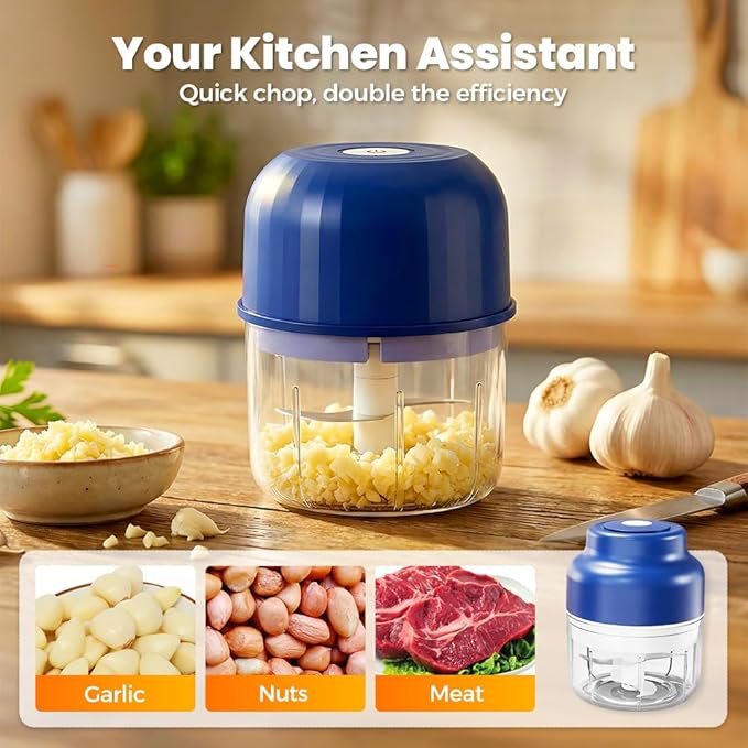 Electric Garlic Chopper, Mini Portable Veggie Chopper Garlic Grinder Onion Choppers, Wireless Electric Food Chopper Tool for Mashing Onion, Garlic, Chili, Ginger (Blue)