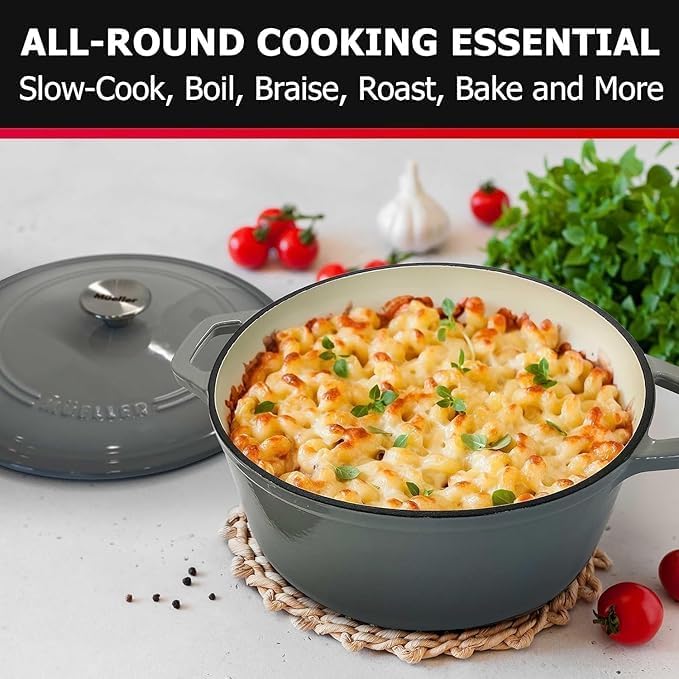 MUELLER HOME 4.5 QT Enameled Cast Iron Dutch Oven, Heavy-Duty Casserole Dish and Braiser Pan with Lid and Stainless Knob, Oven-Safe up to 500° F & Across All Cooktops, Grey
