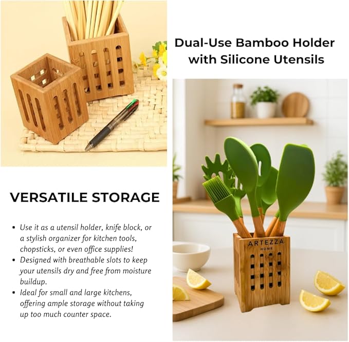Green Silicone Kitchen Utensil Set – 10-Piece Cooking Tools with Wooden Handles & Ventilated Bamboo Holder, Heat-Resistant Silicone, Nonstick Safe, BPA-Free Kitchen Gadgets Set – Sage Green