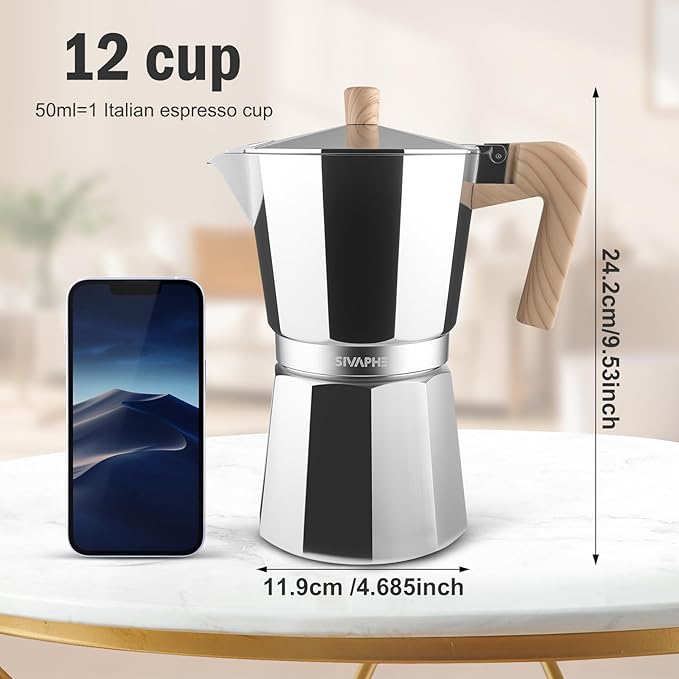 Sivaphe Aluminum Moka Pot 12 Espresso Cups, Percolator Espresso and Coffee Maker, Portable Stovetop Italian and Cuban Café Brewer for Home and Camping Sliver