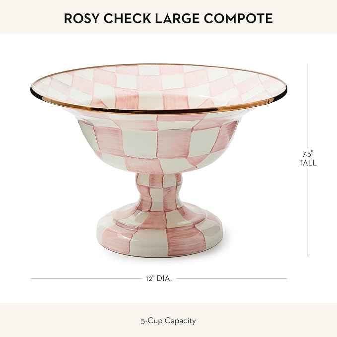MACKENZIE-CHILDS Enamel Compote, Cute Enamel Pedestal Serving Dish or Decorative Bowl, Large, Pink-and-White Rosy Check