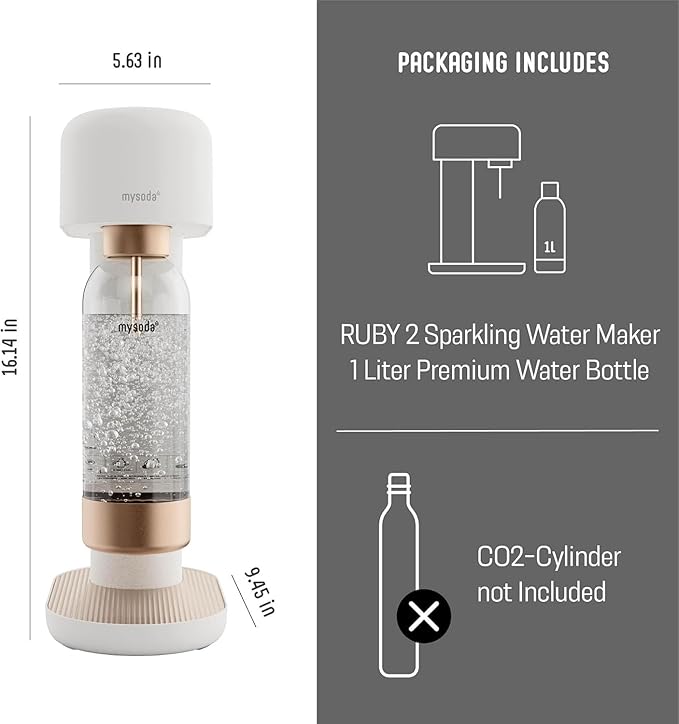 Mysoda Ruby 2 Soda Maker - Silent and Long-Lasting Aluminium Soda Maker with 1L Water Bottle - Without CO2 Cylinder - White Copper