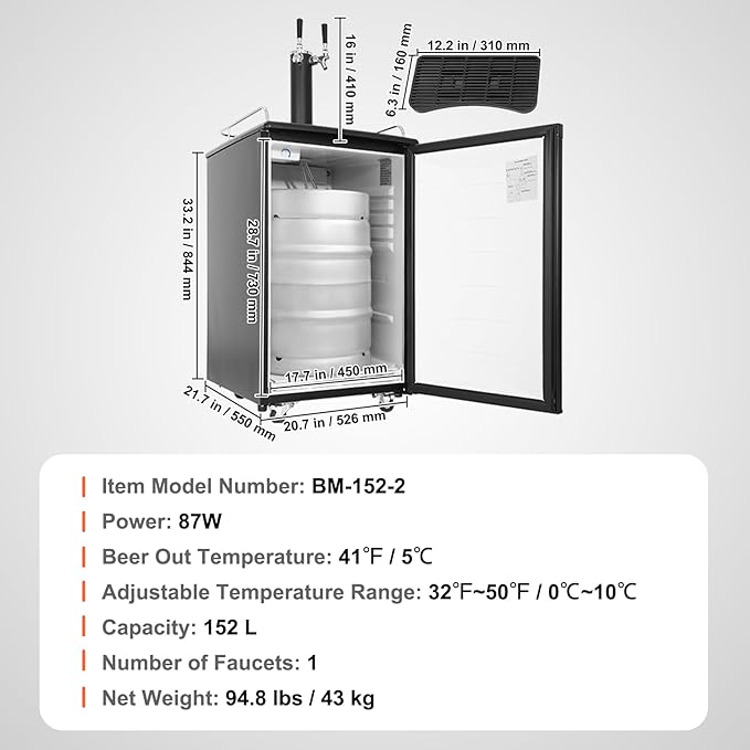 VEVOR Beer Kegerator, Dual Tap Commercial Draft Beer Dispenser for D system, Full Size Keg Refrigerator with 5lbs CO2 Tank, Hold 2 Sixth / 2 Ball lock keg, Black
