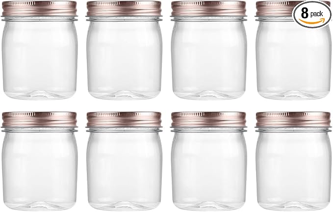 novelinks 8 oz Clear Plastic Jars with Airtight Lids, 8 Pack Plastic Mason Jars with Lids 8oz, Refillable Storage Slime Containers & Small Spice Jar for Kitchen Organization (8 Pack,Rose Gold)