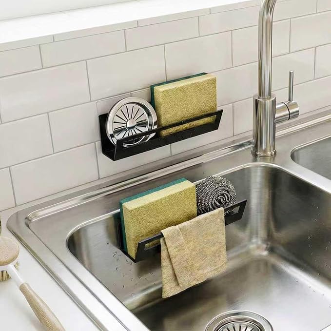 Sponge Holder for Kitchen Sink with Suction Cups & Adhesive Hook, Rustproof In-sink Sponge Holder, Space-saving Wall Hanging Sink Caddy Organizer Rack - Sponge, Dish Cloth, Brush- 2 Pack