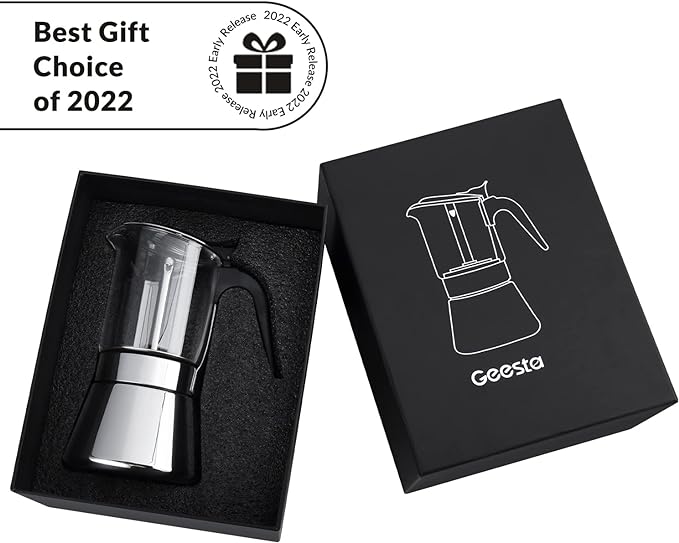Geesta Premium Crystal Glass-Top Stovetop Espresso Moka Pot - 4/6/ 9 Cups - Stainless Steel Coffee Maker- 240ml/8.5oz/6 cup (espresso cup=40ml)
