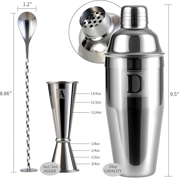 24oz Cocktail Shaker Set with 1 oz 2oz Jigger - Monogramm Initials Martini Shaker Set - 304 Stainless Steel Bar Shaker for Margarita,Mojito-Personalized Gift for Friend,Husband-P