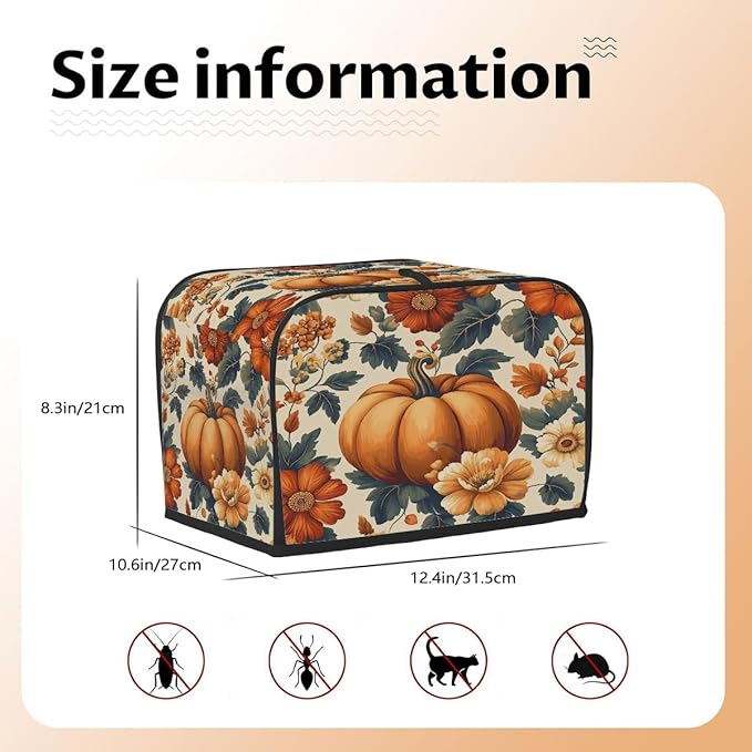2 Slice Autumn Toaster Cover,Thanksgiving Pumpkin Fall Boho Floral Small Kitchen Appliance Bread Machine Cover with Pockets,Dust & Fingerprint Protection