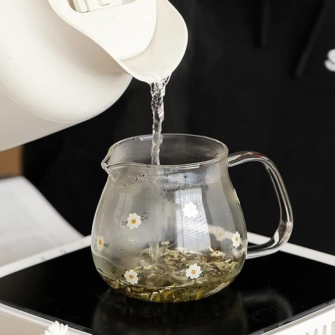 Iced Tea Pitchers High Borosilicate Glass Pitcher with Filter Cover Cute Cold Water Jug Small Teapot for Juice, Milk, Hot and Cold Drinks (A)