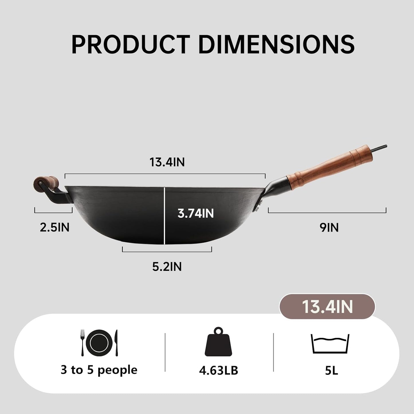 WANGYUANJI 13.4 Inch Cast Iron Wok with Lid – Flat Bottom Chinese Stir Fry Pan, Handcrafted Non-Coated Iron Cookware for Induction, Gas & Electric Stoves, Black