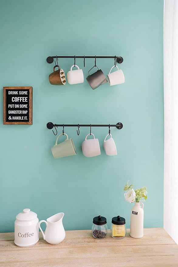 Mkono Mug Holder Wall Mounted Coffee Cup Rack Hanger Modern Metal with 10 Mug Hooks Rustic Utensil Tea Cups Storage Organizer for Kitchen Dining Room Coffee Bar, Set of 2, Black