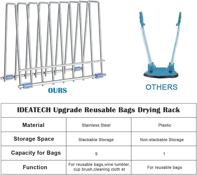 Reusable Storage Bags Rack, Drying Rack for Storage Bags, Stainless Stand for Reusable Freezer Containers & Vacuum Sealer Bags , File Organizer Desktop Storage, Kitchen Storage & Organization (Silver)