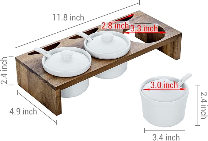 MyGift 10 Pcs Condiment Pot Serving Dish Set, Hosting Essentials, Premium Acacia Solid Wood Raised Display Server Tray and 3 Ceramic Ramekin Dip Bowls with Lids and Spoons