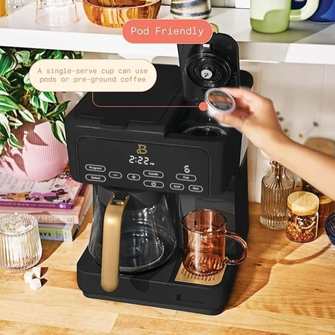 Beauti Multi Brew 12 Cup Programmable Drip & Single Serve Coffee Maker, Versatile Brewing (6oz, 8oz, 10oz, 12oz, 14oz), Pods or Ground, Over Ice option, Keep Warm mode (Black)