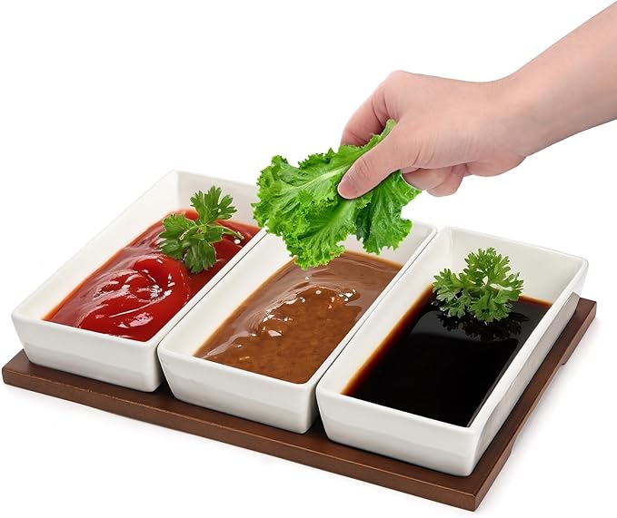 Elsjoy 3-Section Serving Tray, Wood Divided Serving Dish with Ceramic Bowls, 3-Compartment Food Platter Dipping Tray for Appetizer, Fruits, Bread