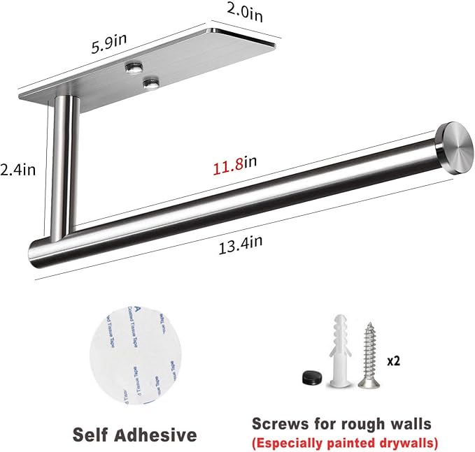 VAEHOLD Self Adhesive Paper Towel Holder Under Cabinet Mount, Wall Mounted Paper Towel Roll Holder for Kitchen, Bathroom, Cabinet, Wall - SUS304 Stainless Steel