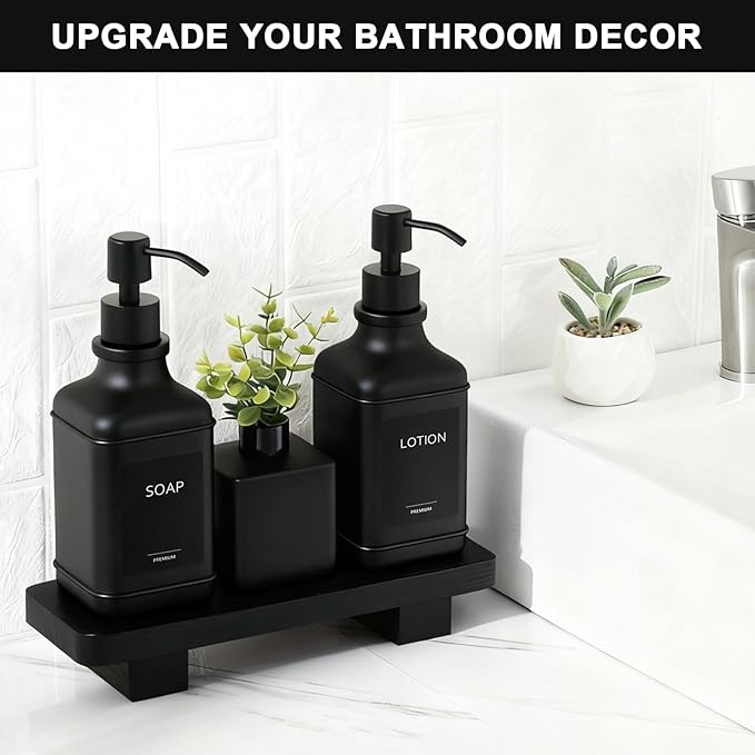Modern Kitchen Soap Dispenser Set with Wood Tray, Black Glass Soap Dispenser with Pump, Decorative Hand and Dish Soap Dispenser Set, Soap and Lotion Dispenser Upgrade for Kitchen and Bathroom Decor