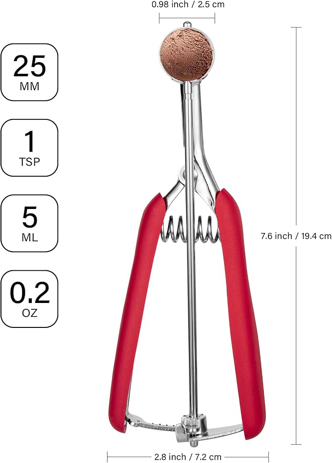 Extra Small Cookie Scoop, 1 Teaspoon Cookie Scoop, Mini Ice Cream Scoop for Melon Baller, Cookie Dough, 0.2oz / 25mm, Easy Squeeze & Release, Red