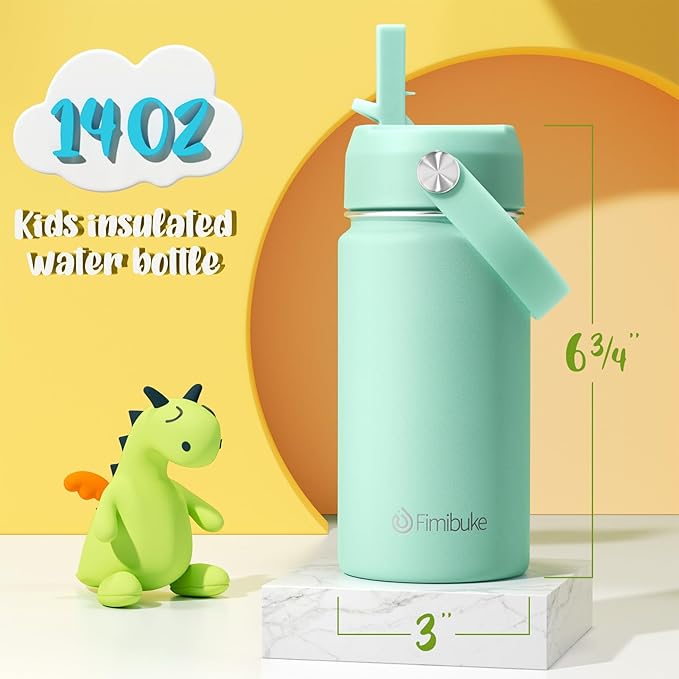 Fimibuke Kids Insulated Water Bottle - 14oz BPA-FREE 18/8 Stainless Steel Travel Tumbler Leak Proof Double Wall Vacuum Kid Cup with Straw Metal Water Bottle for School Boys Girls（2 Pack, Candy/Bubble）