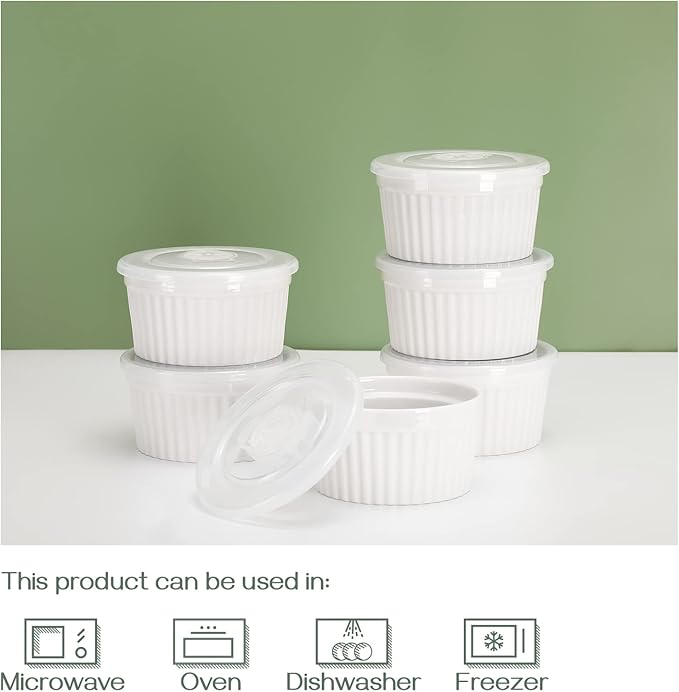 DOWAN Ramekins with Lids 4 oz Oven Safe, Creme brulee Souffle Dishes Ramekins with Covers, Porcelain Small Bowls for Baking Custard Cups, Set of 6, White