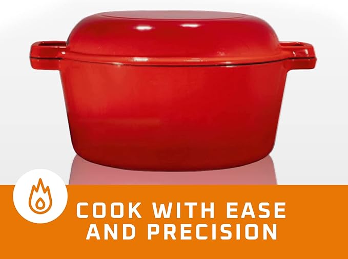 Bruntmor 2-in-1 Pre-Seasoned Cast Iron Dutch Oven with Skillet Lid - 5 Qt Round Cast Iron Pot for Bread, Casserole, Braising - Heavy Duty Enamel Cookware Set, Double Dutch Oven - 13.5 x 7-Inch, Black