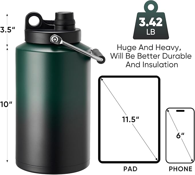Kerilyn Insulated Gallon Jug with Handle, One Gallon, 128oz Stainless Steel, Large Double Vacuum Water Bottle for Hot & Cold Drinks, Wide Mouth, Sweat Proof, Great for Travel, Camping, Green Gradient