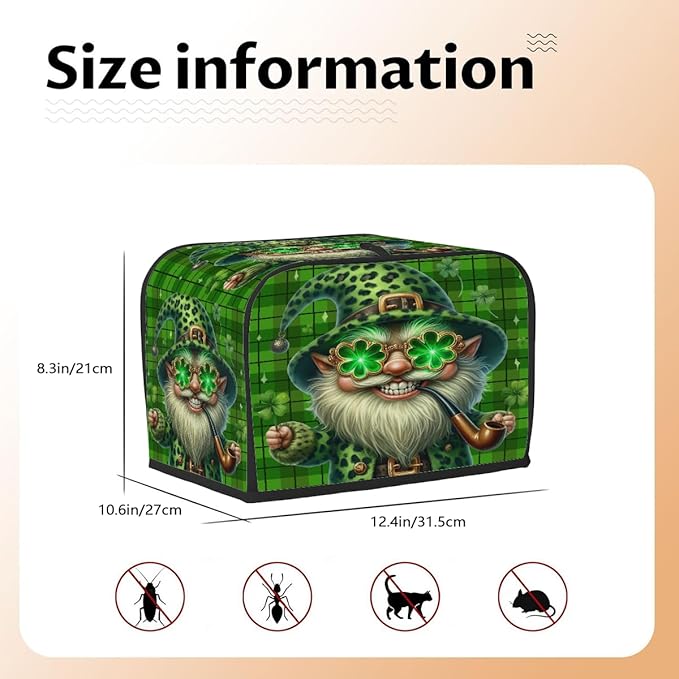 St Patrick Green Funny Gnome Toaster Cover 4 Slice Dust and Fingerprint Protection Toaster Bread Maker Covers Washable Kitchen Small Appliance Covers for Kitchen Accessories Decor Bakeware Women Gift